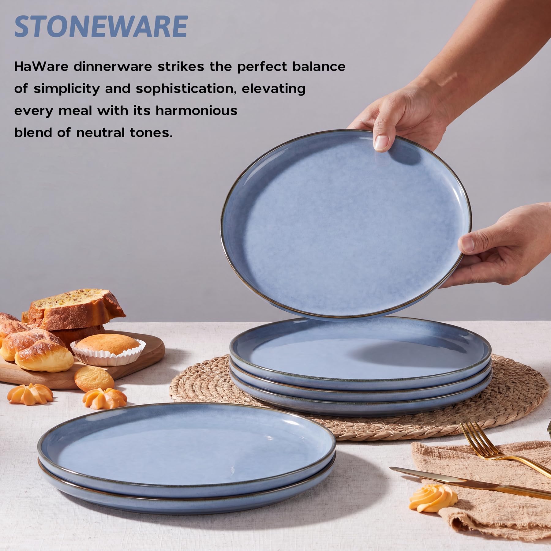 HaWare Set di 6 piatti piani in gres, 26,7 cm, in smalto reattivo, per casa e ristorante, grandi piatti rotondi in ceramica, resistenti a scheggiature e graffi, adatti al microonde e alla