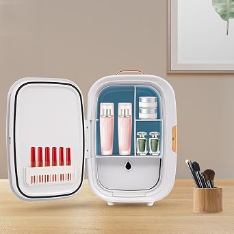 Mini Skincare Fridge, Small Cosmetics Refrigerator with Mirror & Led Light, Beauty Fridge for Cosmetic Storage, Compact Portable Cooler & Warmer for College Dorm, Office, Car, Bedrooms, Offices Etc