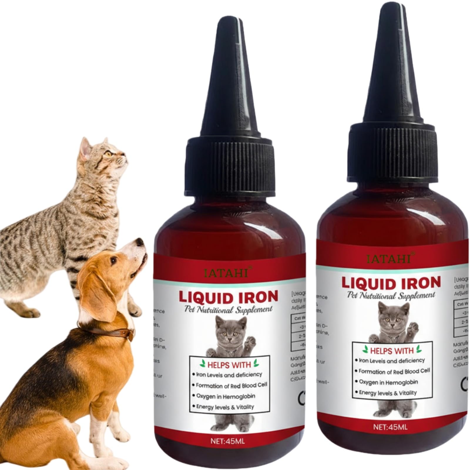Flüssige Eisenpräparate für Katzen,2pcs Flüssiges Eisen Ergänzungen für Hunde,Hunde Eisen Tropfen mit Vitamin B12 & Folsäure,Katze Vitamine und Ergänzungen mit Vitamin C und B12,45ml