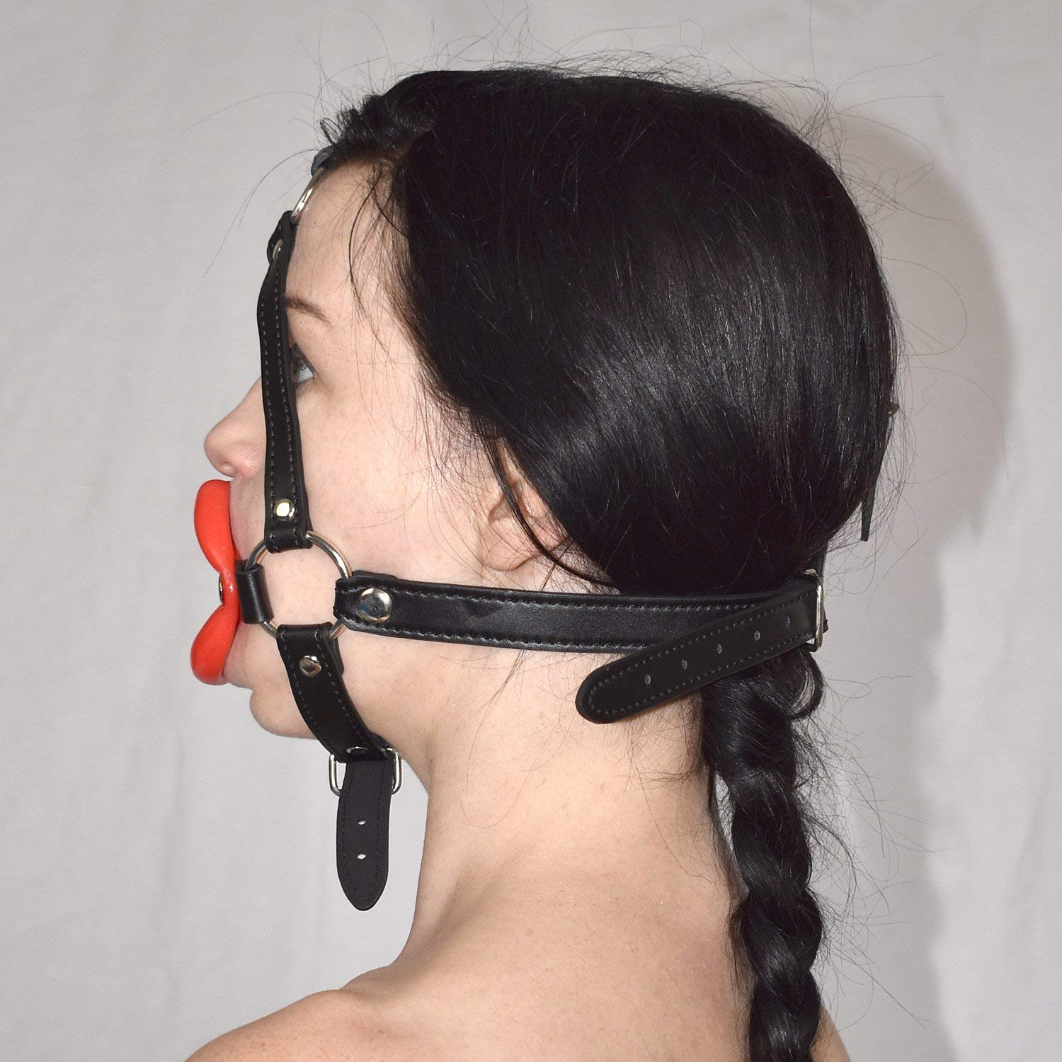 Harnais de tête fétiche en simili-cuir avec bâillon – Lèvres silicone BDSM Bondage Head Harness pour jeux de rôle érotiques & féminisation Sissy