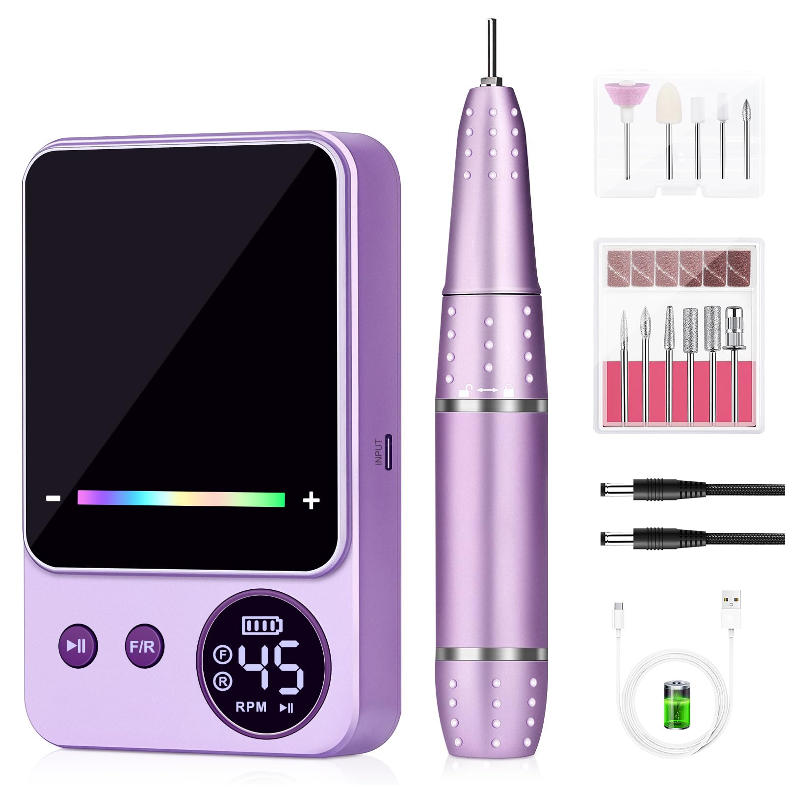 45000RPM Ponceuse à Ongles Professionnelle, Urbuti Ponceuse pour Ongles Électrique avec 11 Embouts et Écran LED, Limes à Ongles Portable pour Ongles en Acrylique et Gel, Manucure et Pédicure (Violet)
