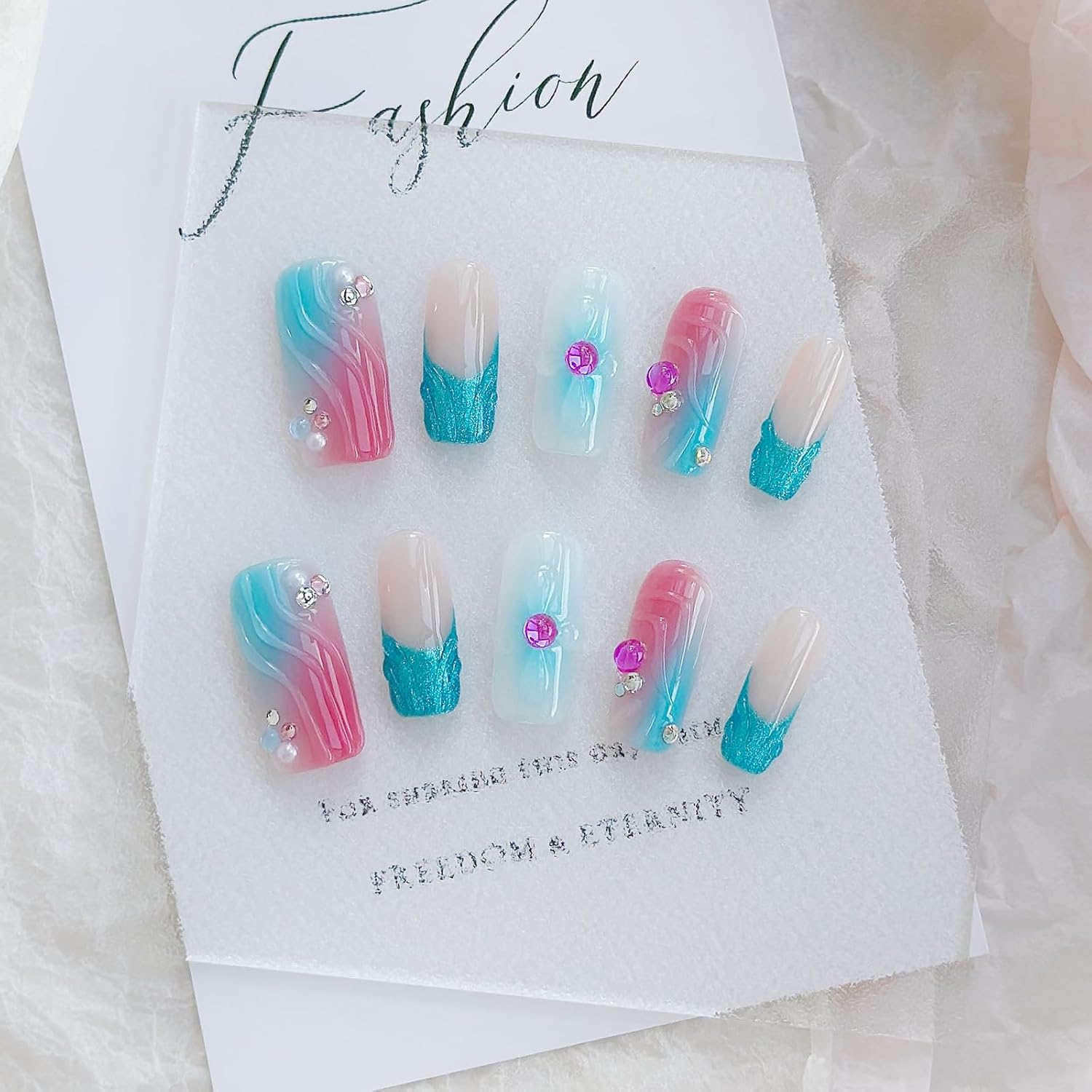 Handmade Press on Nails - Middle Long Square | Multicolored Stripes | Reusable False Nails 10 Pcs (Overturned Palette, L)