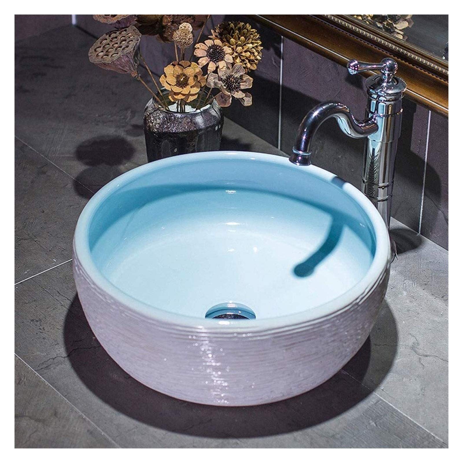 Lavabo de baño de lujo WUW en porcelana redonda artística de 30 cm