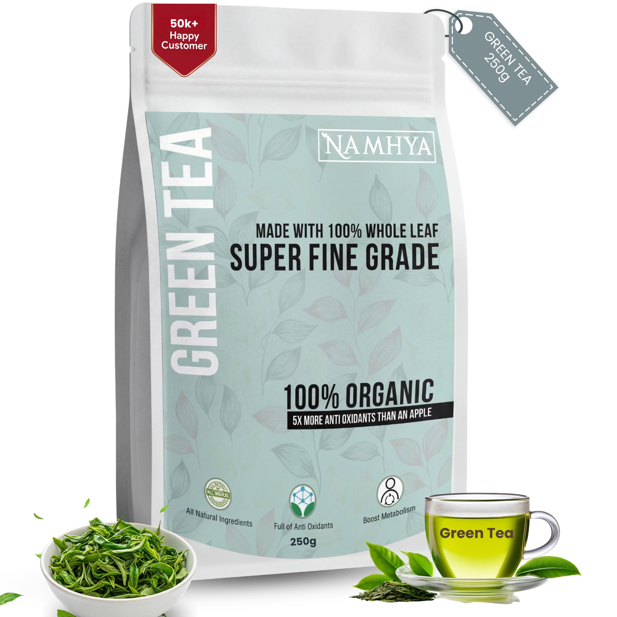 Namhya - Whole Leaf Green Tea - 250g (125 Cups) - Boosts Metabolism, Burns Fat, Supports Heart & Brain - Pure Green Tea Leaves - Natural, No Preservatives - Balances Pitta & Kapha, Supports Digestion-image-11