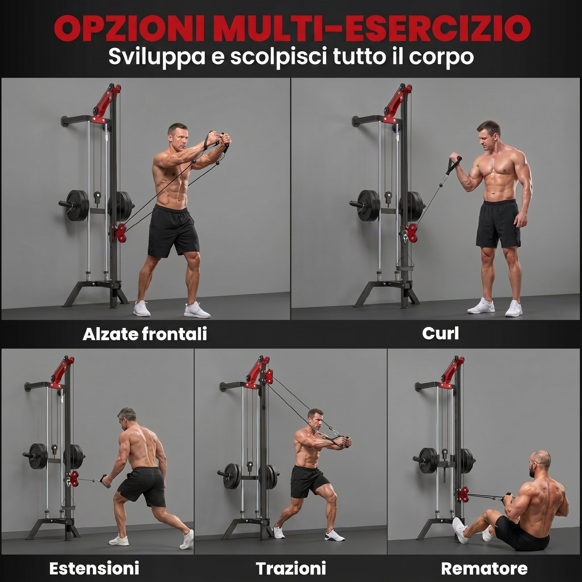 SPORTNOW Lat Machine da Parete con Pulegge Regolabili a 16 Livelli, Stazione a Cavi con Pulldown, Maniglia e Carico Pesi Regolabile, in Acciaio, per Allenamento Fitness Casa Palestra Multifunzione