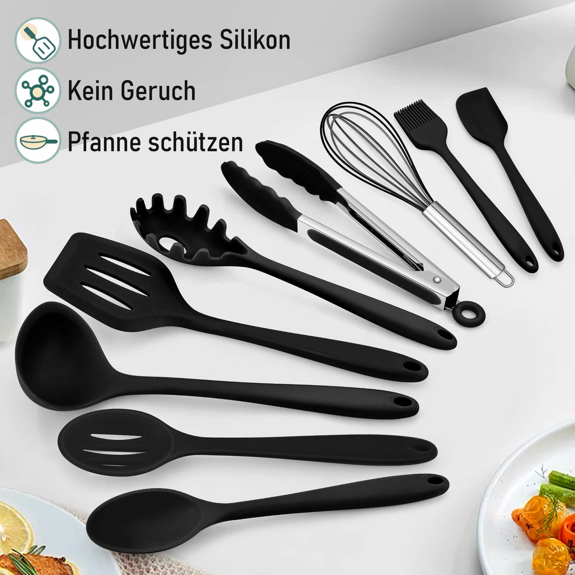 Küchenhelfer Set, Joyfair 9 Stück Schwarz Küchenutensilien Silikon, Hitzebeständiges Kochutensilien Kochgeschirr Set mit Pfannenwender Schneebesen Grillzange, Antihaft Kochbesteck zum Kochen & Backen