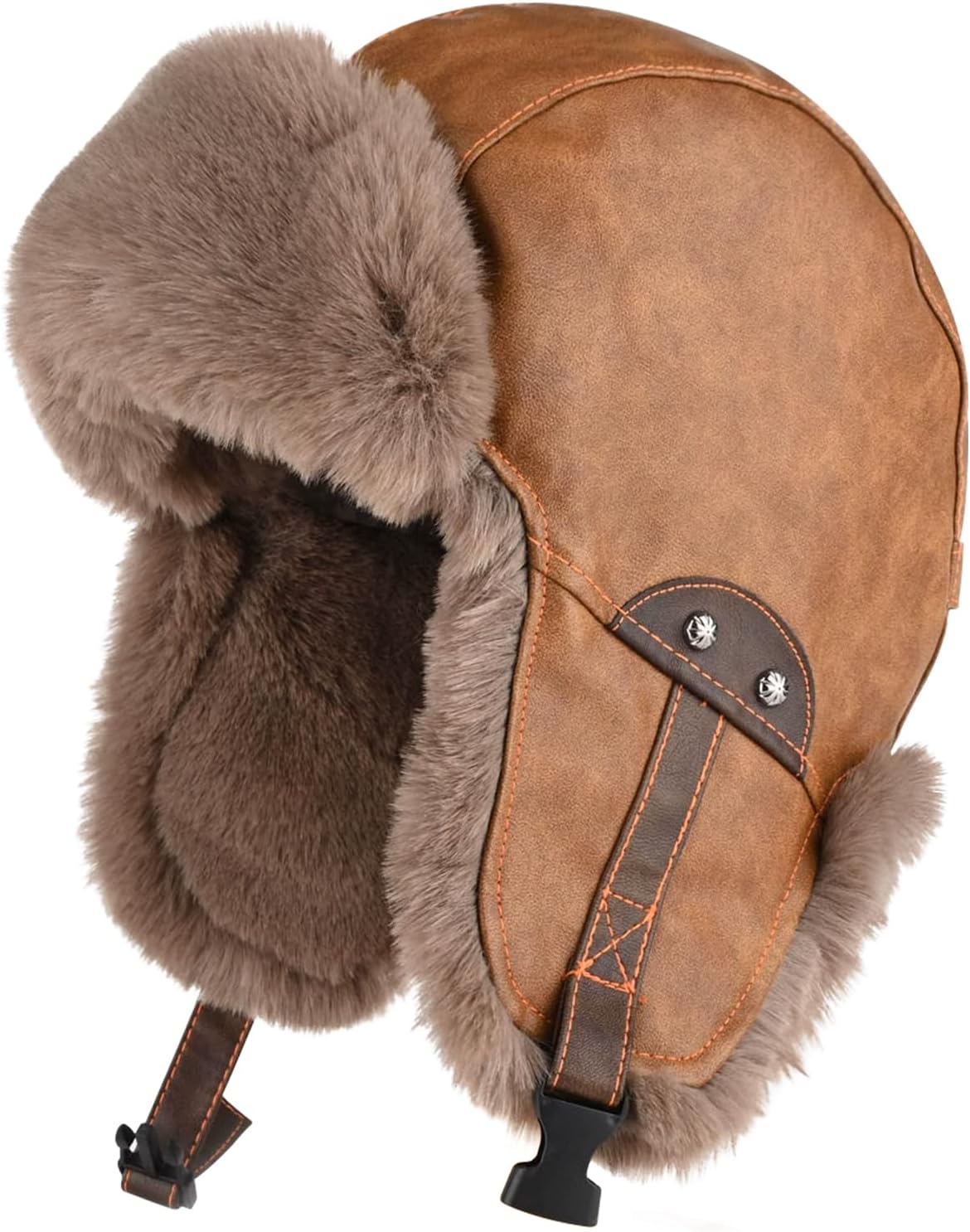 Peicees Leather Trapper Hat with Fur Ear Flaps for Men Women Waterproof Winter Hat Fluffy Russian Ushanka Furry Warm Trooper