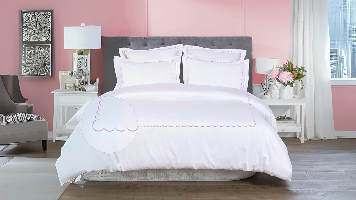 BedDecor 100% Cotton Duvet Cover Set Full/Queen ?3 Piece, 400 Thread Count, Lilac, Scallop Embroidery, Soft & Breathable, Zipper Closure