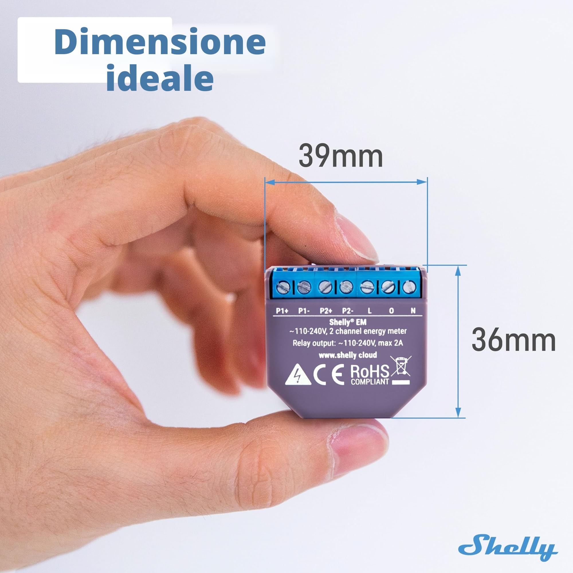 Shelly EM, Contatore di Energia Elettrica Intelligente, Monofase a 2 canali (120A per canale), Monitoraggio fotovoltaico, Controllo contattore remoto, App iOS Android, Alexa, Google Home