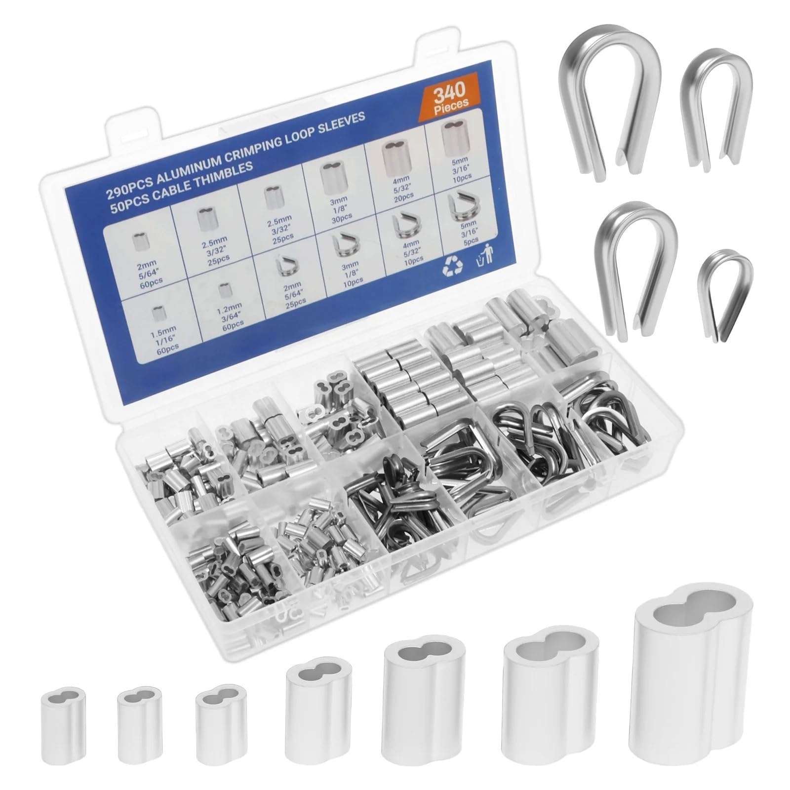 340 pièces de manchons sertissage en acier inoxydable, clips fixation, aluminium/joints câbles M1-M5, cosses câble Convient aux câbles et aux cordes