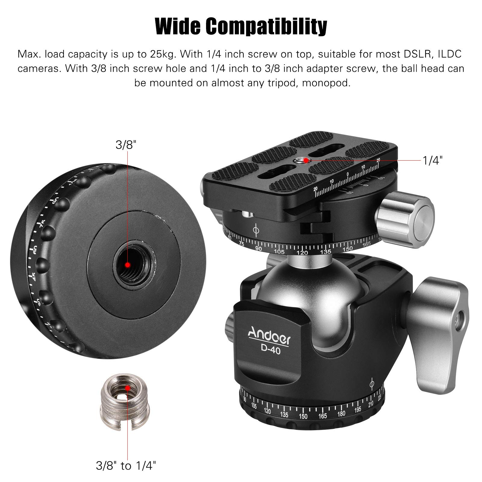 Andoer Testa a sfera panoramica, testa a sfera per fotocamera, design a U, centro di gravità basso, supporto per treppiede, monopiede, fotocamere DSLR-ILDC, portata massima 25 kg