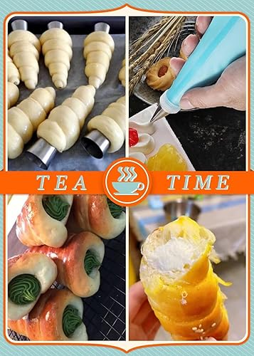 Miniatura 2 de Juego de formas de canoli de acero inoxidable, 5 formas de cannoli grandes, 5 moldes de hones grandes, 5 formas de croissant pequeño, cepillo de