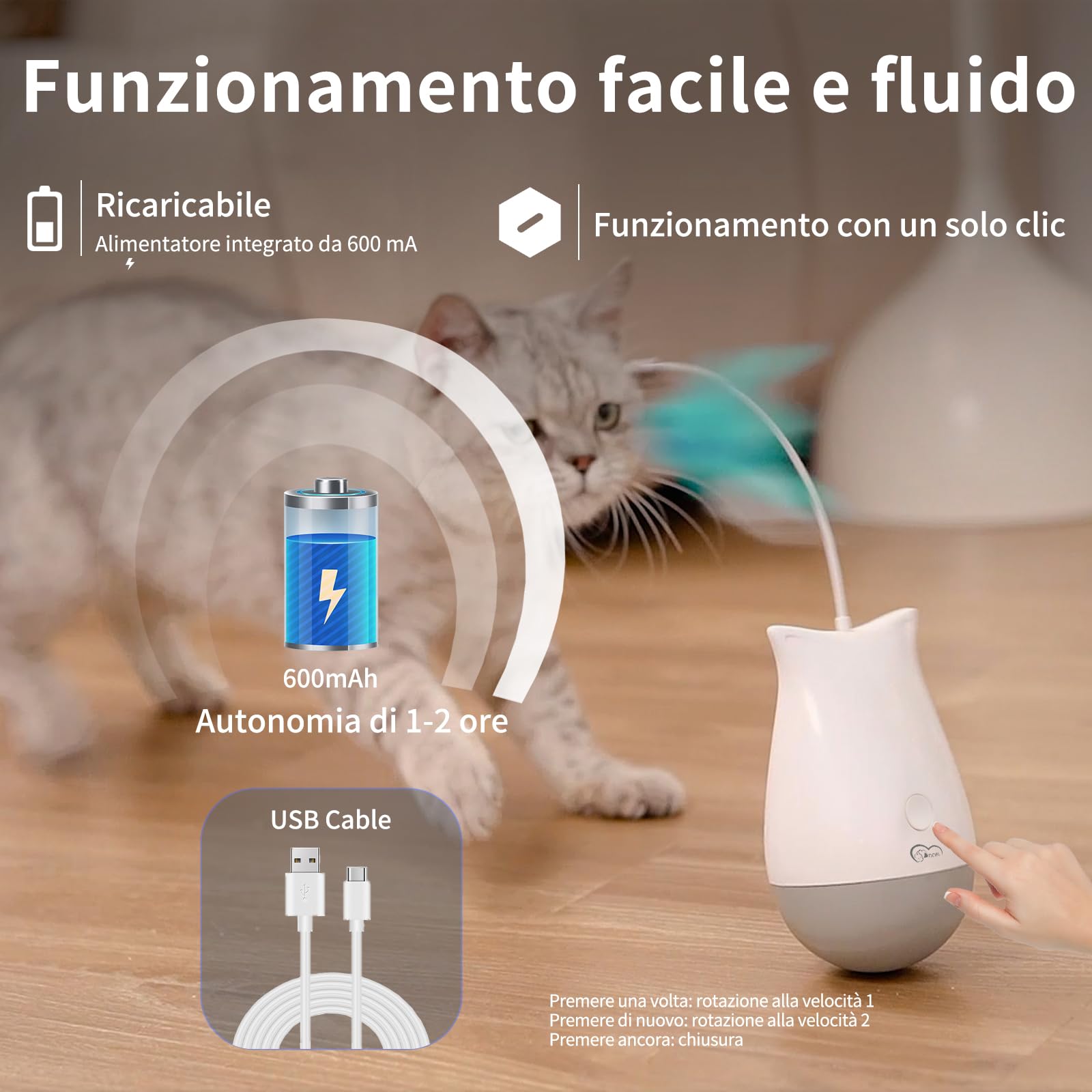 Giocattoli interattivi per gatti da appartamento, giocattoli automatici ricaricabili con piume, giocattoli elettrici rotanti silenziosi, 2 modalità di velocità, spegnimento automatico dopo 15 minuti