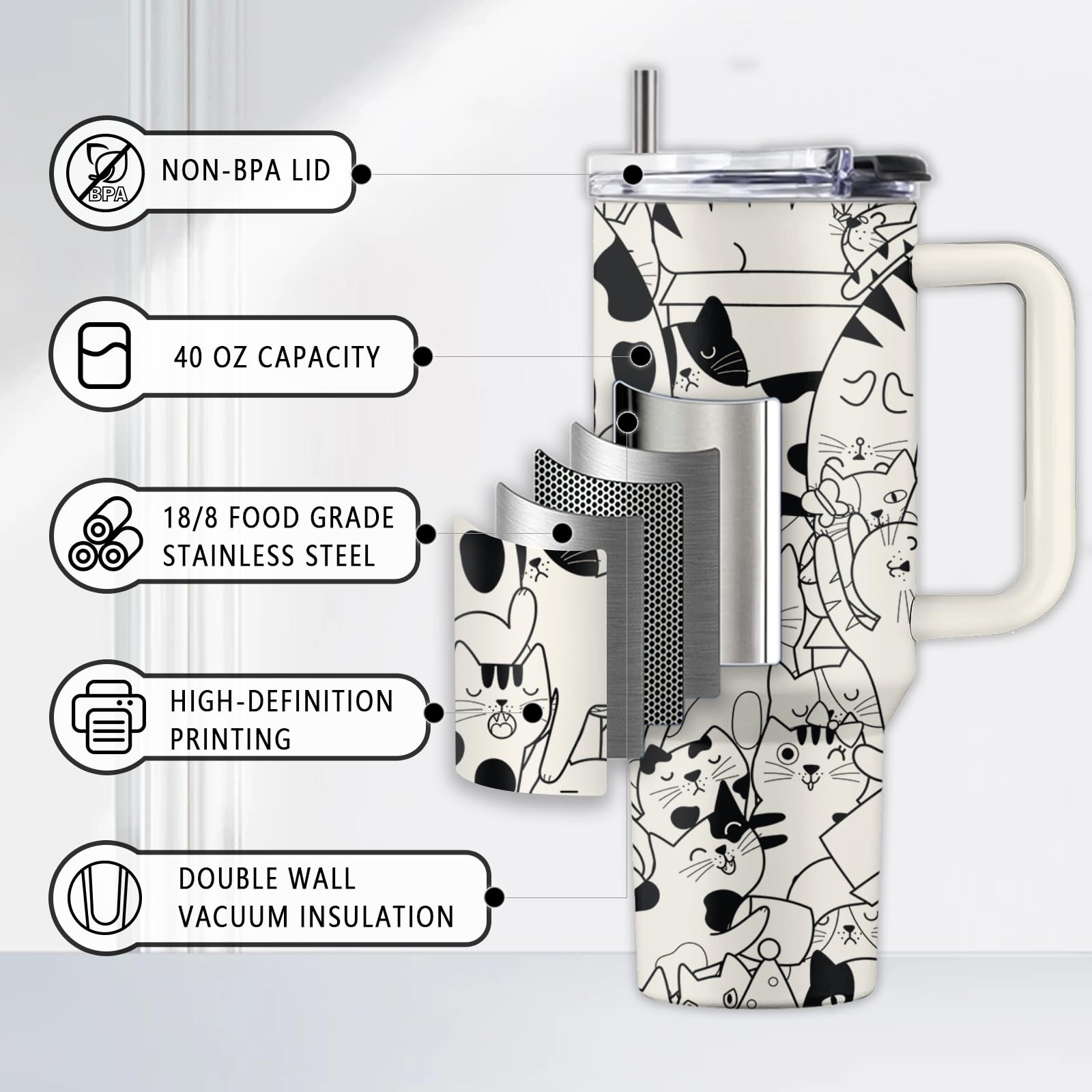 Regalos de gatos para los amantes de los gatos, vaso de gato de 40 onzas con asa y popote, regalos para amantes de los gatos, regalos de cumpleaños para el día de San Valentín para los amantes