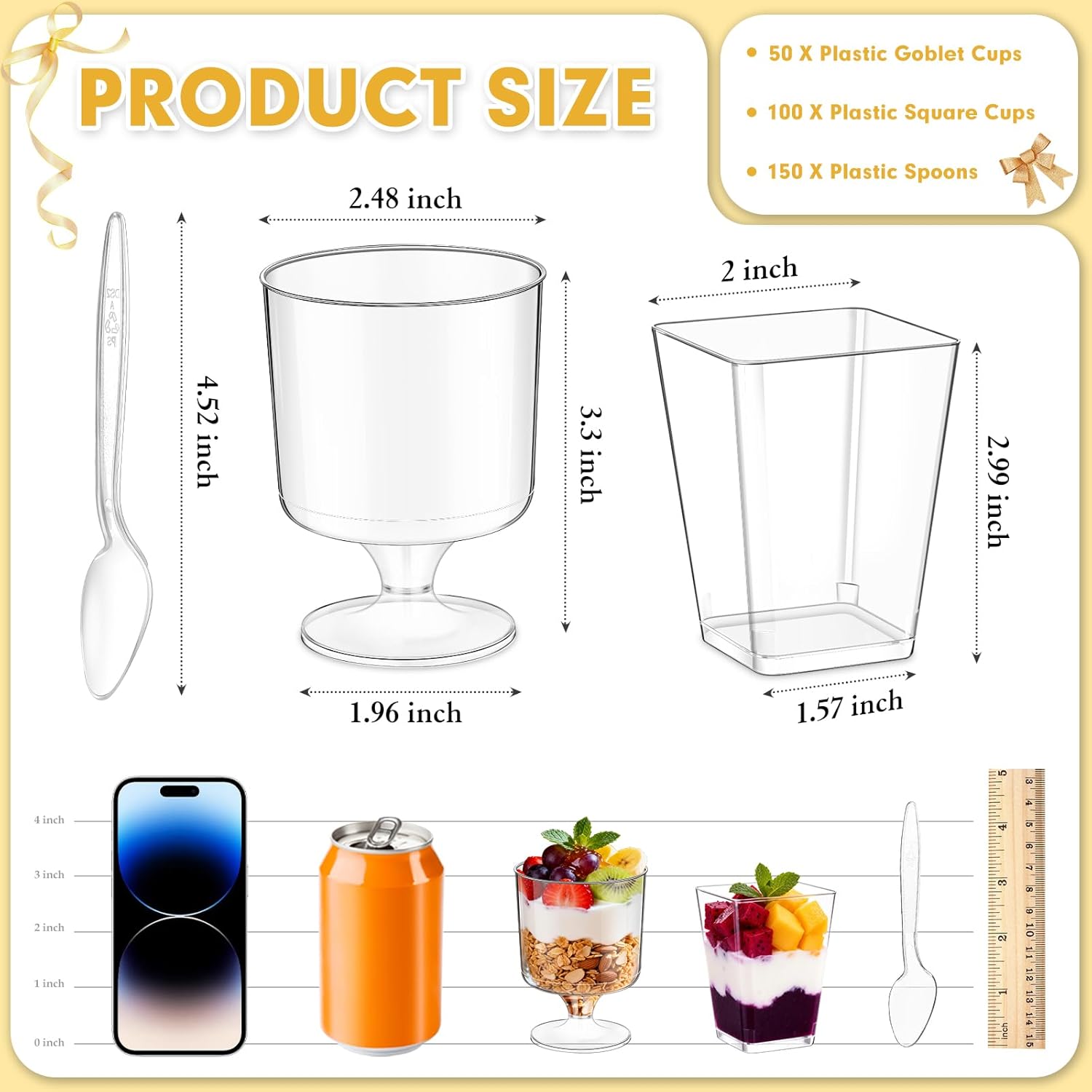 mwellewm 300 Packs Dessert Cups with Spoons, 5 OZ Mini Clear Plastic Dessert Parfait Cup for Party, Square Dessert Shot Glasse Round Goblet Small Reusable Fruit Ice Cream Pudding Appetizer Cup Bowls