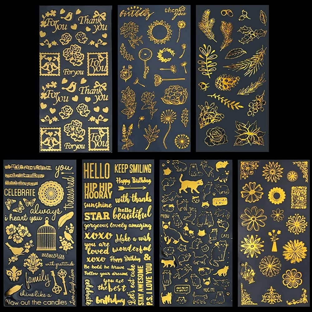 GOIYZTTR 7 Hojas Pegatinas Scrapbooking Autoadhesivas Pegatinas Doradas de Diferentes Formas Pegatinas Impermeable, Para Decoración y Manualidades