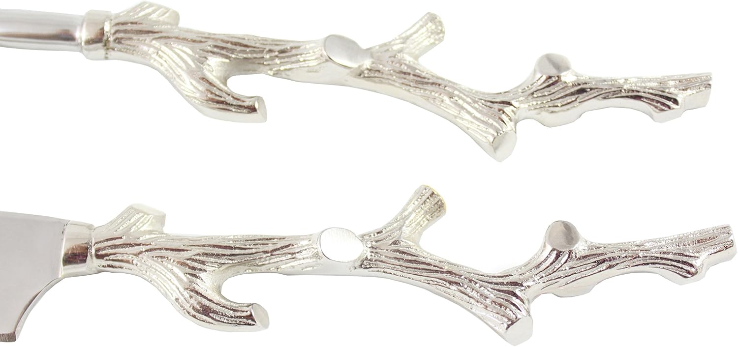 Server Set, Cake, Pie, Desert Flatware Set, Tree Branch Design, 2-piece 18/10 Stainless steel with brass handles (light antique silver finish)