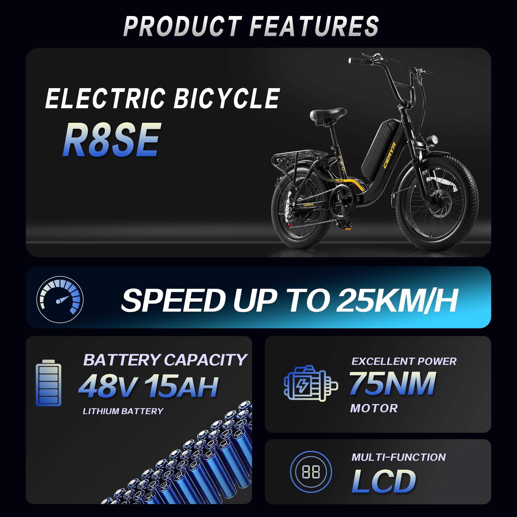 Velo Electrique Homme Femme 20 Pouces Vélo Électrique Portable Fat Bike Electrique Adulte avec 48V 15Ah Batterie Amovible 7 Vitesses Portée 45-60km R8SE
