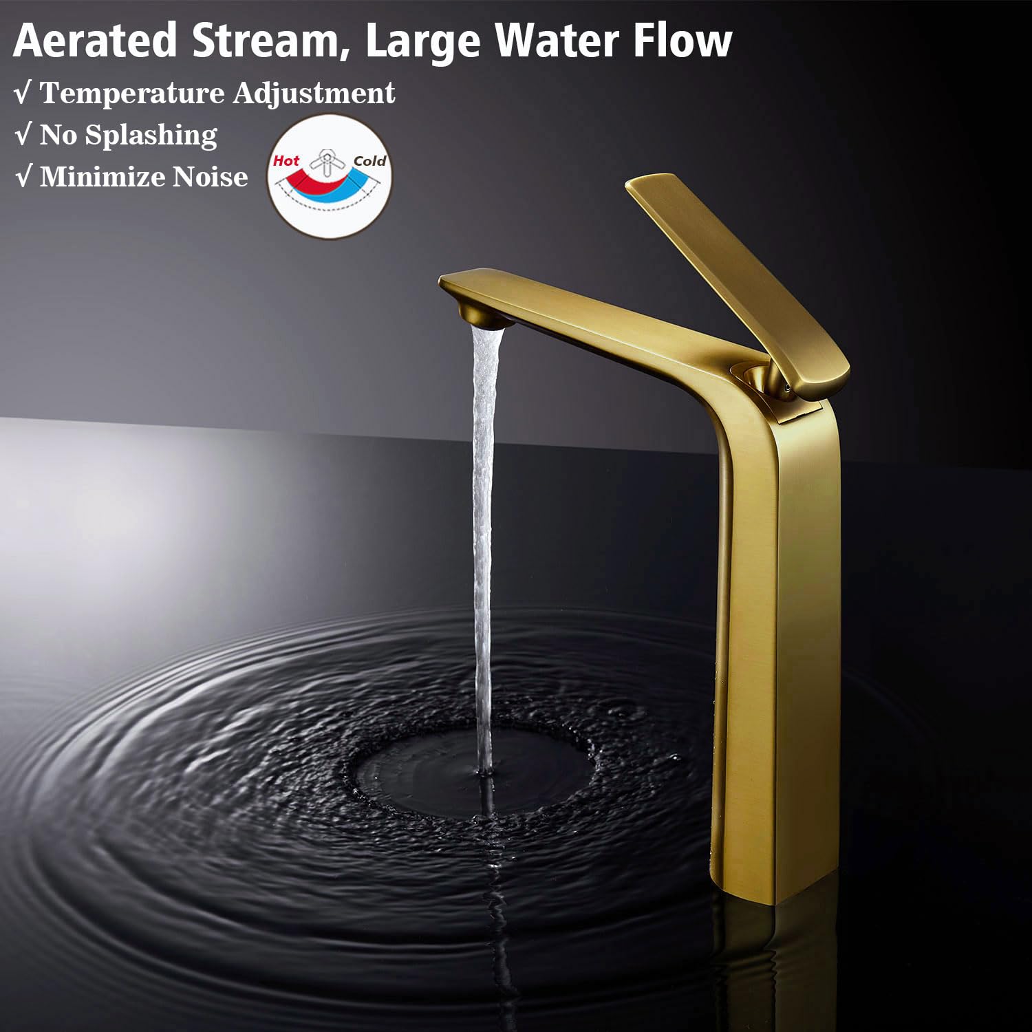 TOCALOCA Tall Bathroom Faucets Brushed Gold One Hole Single Handle Lever Faucet for Vessel Bowl Sink Premium Brass — view 4
