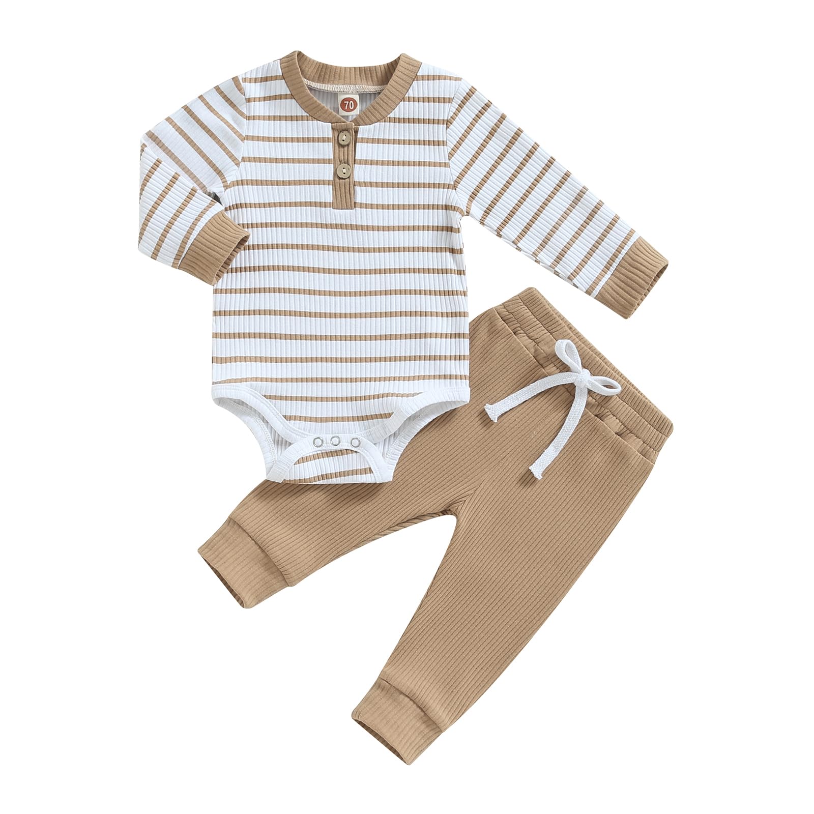 PanLidapanToddler Baby Boy Clothes Ribbed Knitted Striped Print Crew Neck Long Sleeve Romper + Drawstring Solid Color Pants Sets Baby Boy 2Pcs Outfits