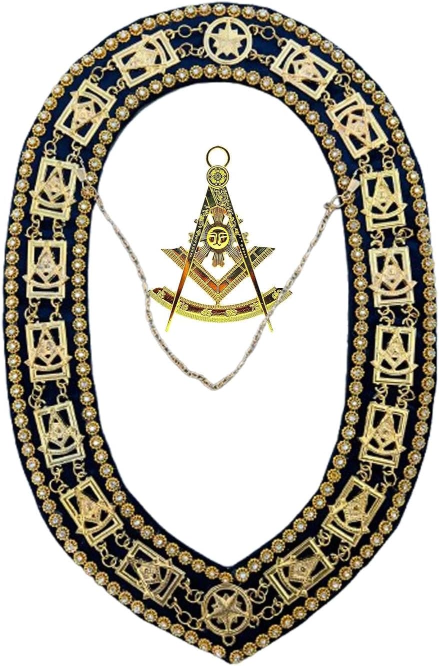 Masonic Regalia Past Master Chain Collar, Masonic Golden Past Master Collar Rhinestones, Past Master Blue Collar + Jewel
