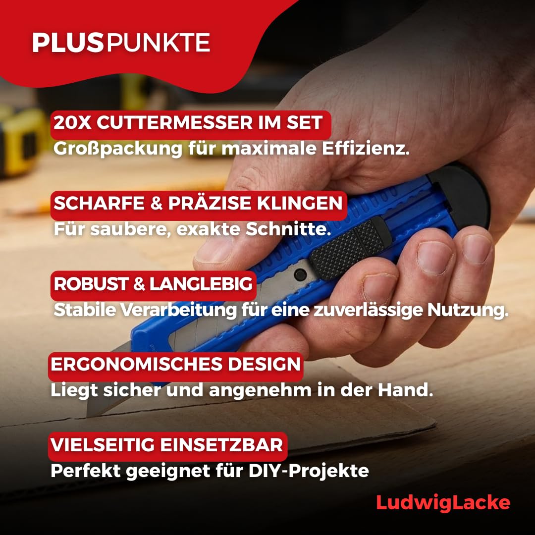 Ludwig Lacke® Cuttermesser Set [100 Stück 18 mm] – Teppichmesser [stabile Klinge 0,5 mm] – Cutter [ergonomisch rutschfest] mit Klingenvorschub Abbrechklinge Profi Messer