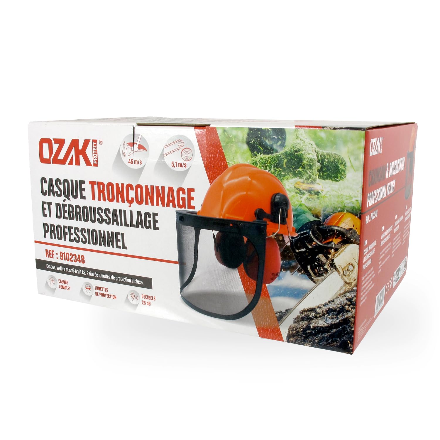 OZAKI - Casque Forestier Professionnel pour Tronçonnage & Débroussaillage - avec Protection Anti Bruit 25dB, Visière Grillagée Classe F 45m/s et Lunettes
