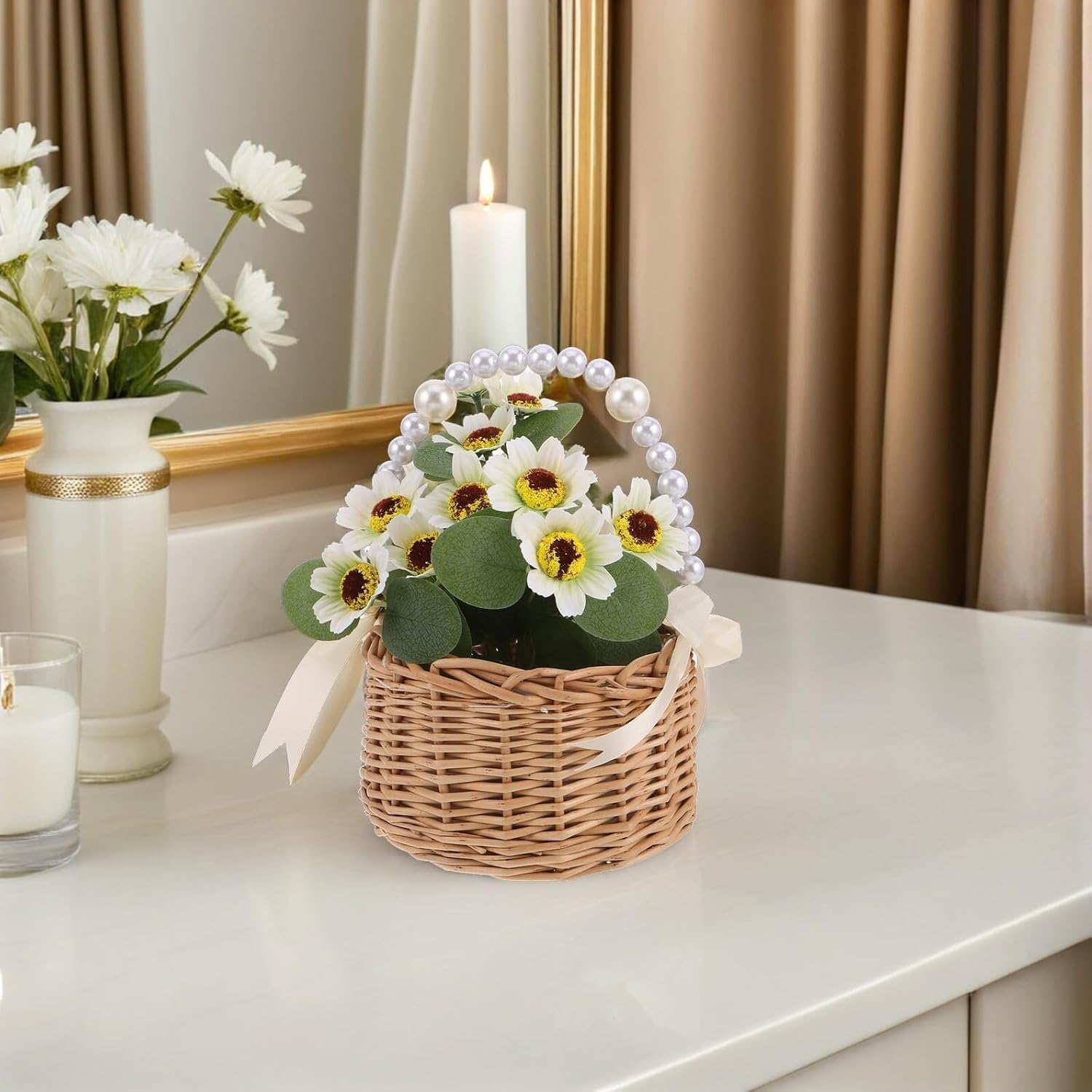 TIDTALEO Pearl Handle Flower Girl Basket for Wedding Ceremony Large Rattan Woven Petal Basket with Decorative Pearls Suitable for Flower and Bridesmaids