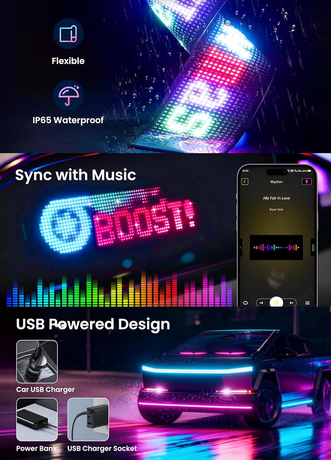 Programmable Scrolling LED Sign, Flexible Screen, Digital Display Matrix Panel Board, Bluetooth APP Control, Advertising LED Sign with Remote, Custom Text DIY Pattern Animation for Store Car Bar (3.6x14.7inch) - Image 2