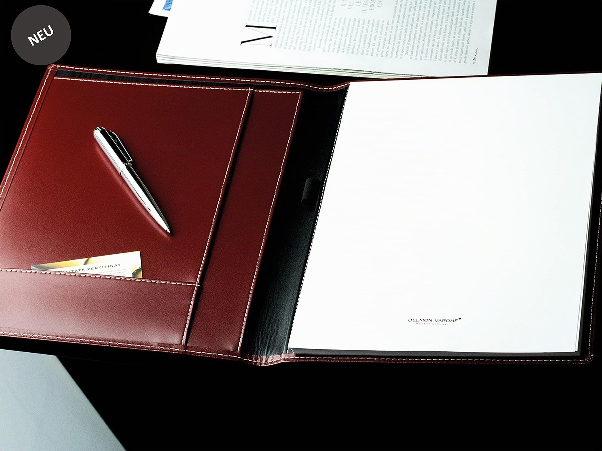 DELMON VARONE - Personalisierbare Schreibmappe DIN A4 aus Cambridge Top Grain Leder rot, Organizer Konferenzmappe mit Notizblock, Stiftschlaufe & Einsteckfächer, Echtleder Business Organisationsmappe