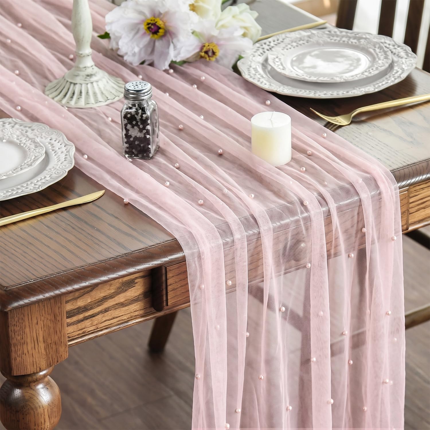 Artoid Mode Pearl Pink Gauze Table Runner 10FT Home Decor