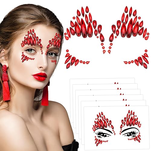 6 piezas de gemas autoadhesivas para la cara de Halloween, para rave, diamantes de imitación para la cara, calcomanías temporales para tatuajes para