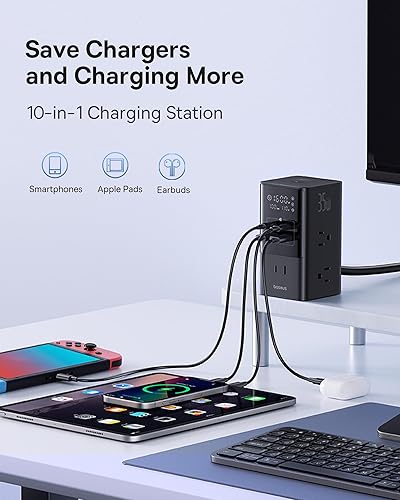 Miniatura 2 de Baseus Estación de carga de escritorio 10 en 1 con regleta de alimentación de 35 W, protector de sobretensiones, carga rápida para iPhone, iPad,