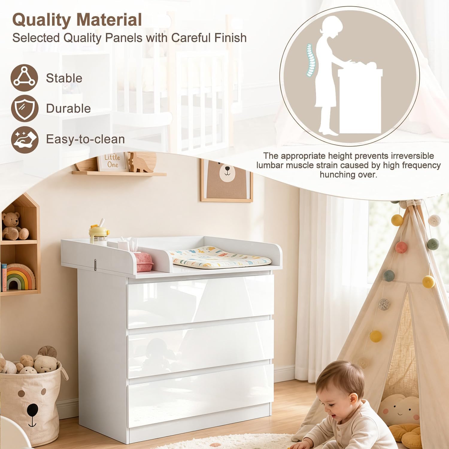 WOLTU Mueble Cambiador para Bebé, Cómoda con 3 Cajones, Cambiador Bebé 80x74,5 cm, Dividido en 2 Zonas, Cajonera de 48x80x78 cm, Blanco