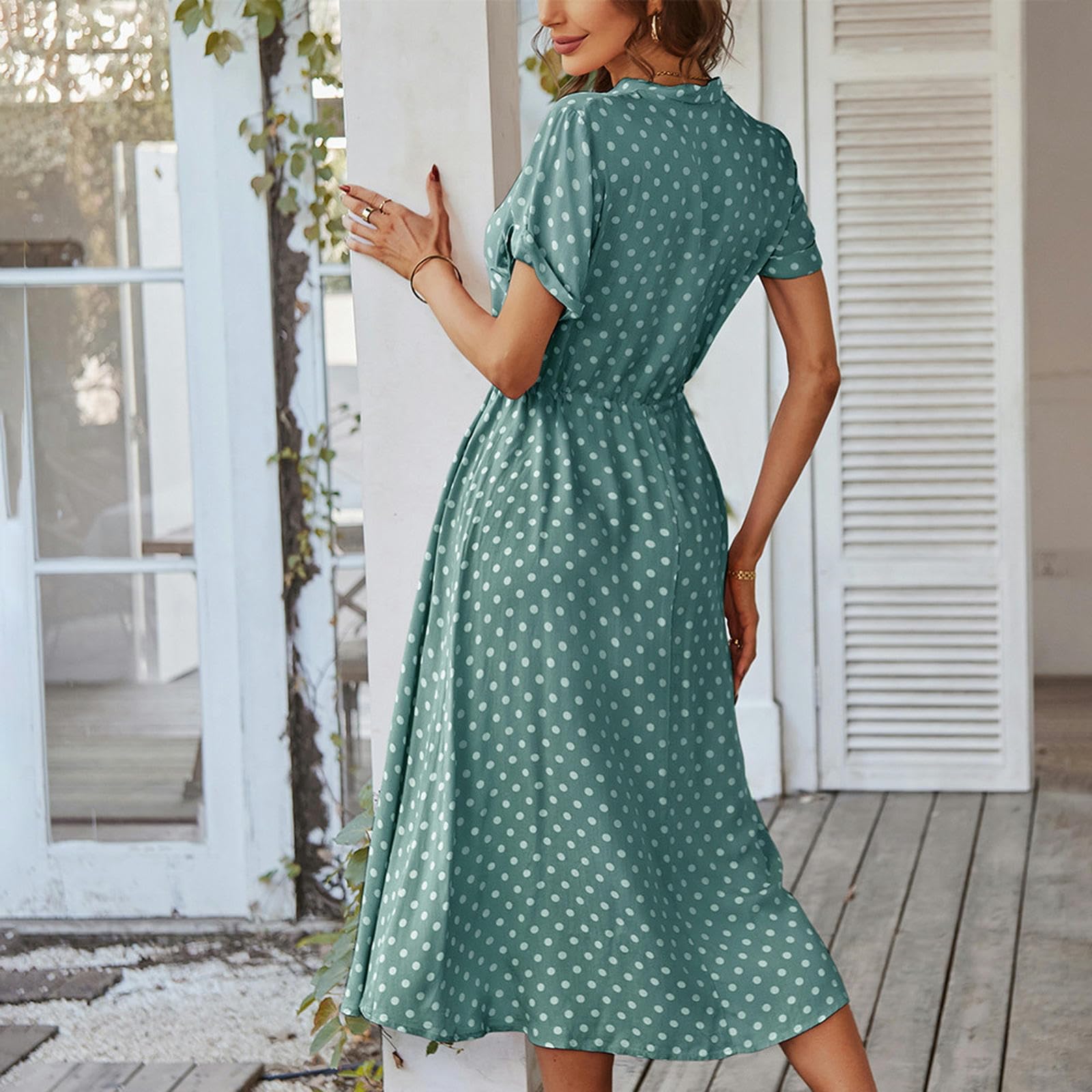 Abito Estivo Delle Donne Casual Lapel Dress Button Down Shirt Dress Swing Dress Polka Dot Vintage Abiti, HUTALIM, Blu, l