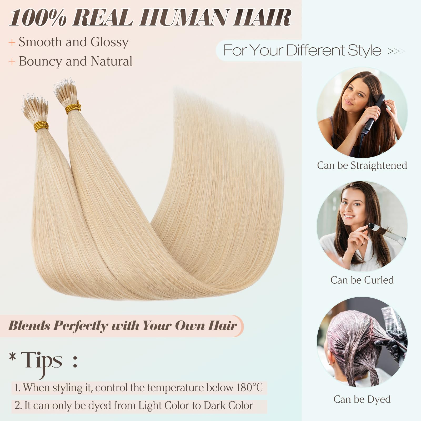 Benehair Nano Hair Extensions Straight Remy #60 Platinum Blonde Nano Loop Hair Extensions Real Human Hair 16 Inches (35g) - Image 4