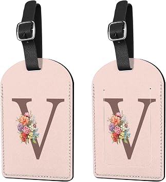2 Pack Luggage Tag Suitcase Tags Initial Letter Monogram PU Leather Cover Aesthetic Cute Monogrammed Travel Bag Labels for Women Girls Men V