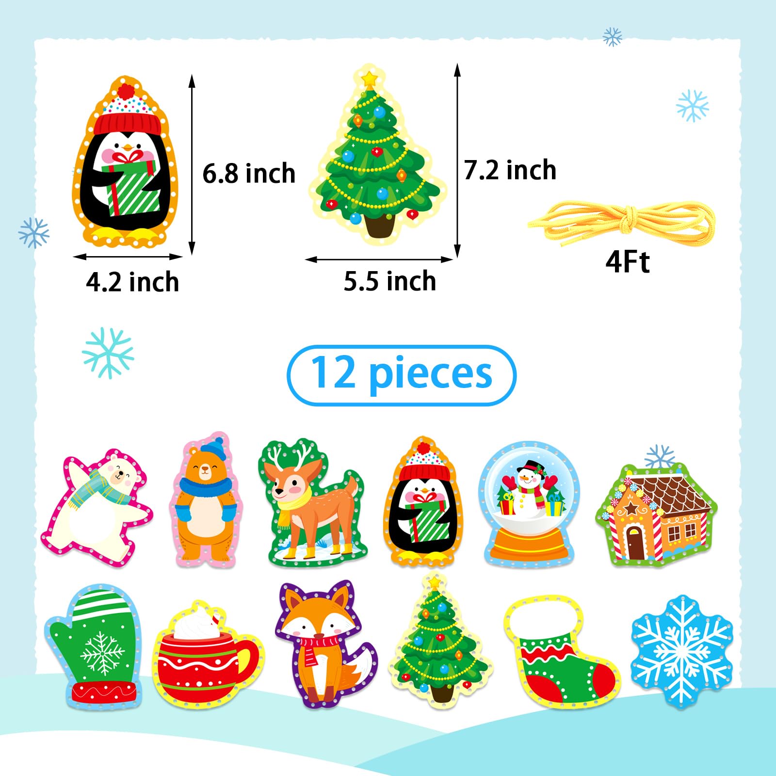 Omlisca Tarjetas de cordones de animales de invierno, 12 paquetes de kits de costura de doble cara, tarjetas de costura de Navidad, actividades educativas y de aprendizaje, habilidades motoras finas