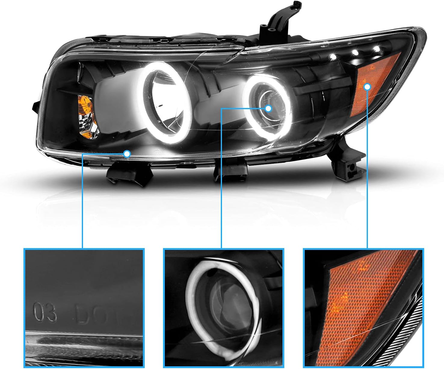 AmeriLite for 2008-2010 Scion Xb Xtreme LED Dual Halos Black Projector Headlights Set - Passenger and Driver Side