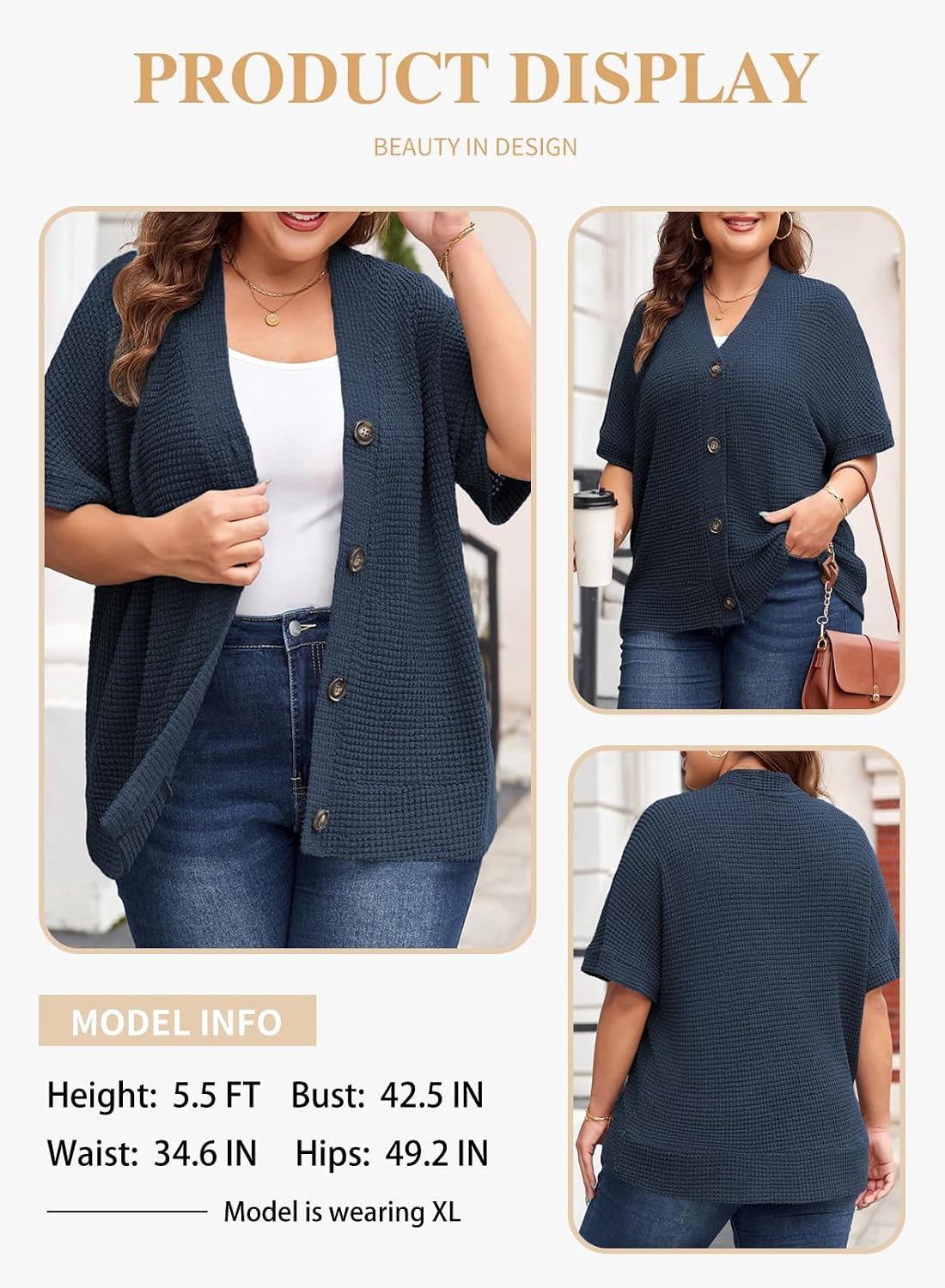 Eytino Womens Plus Size Tops Casual V Neck Short Sleeve Waffle Knit Button Down Shirts(1X-5X)