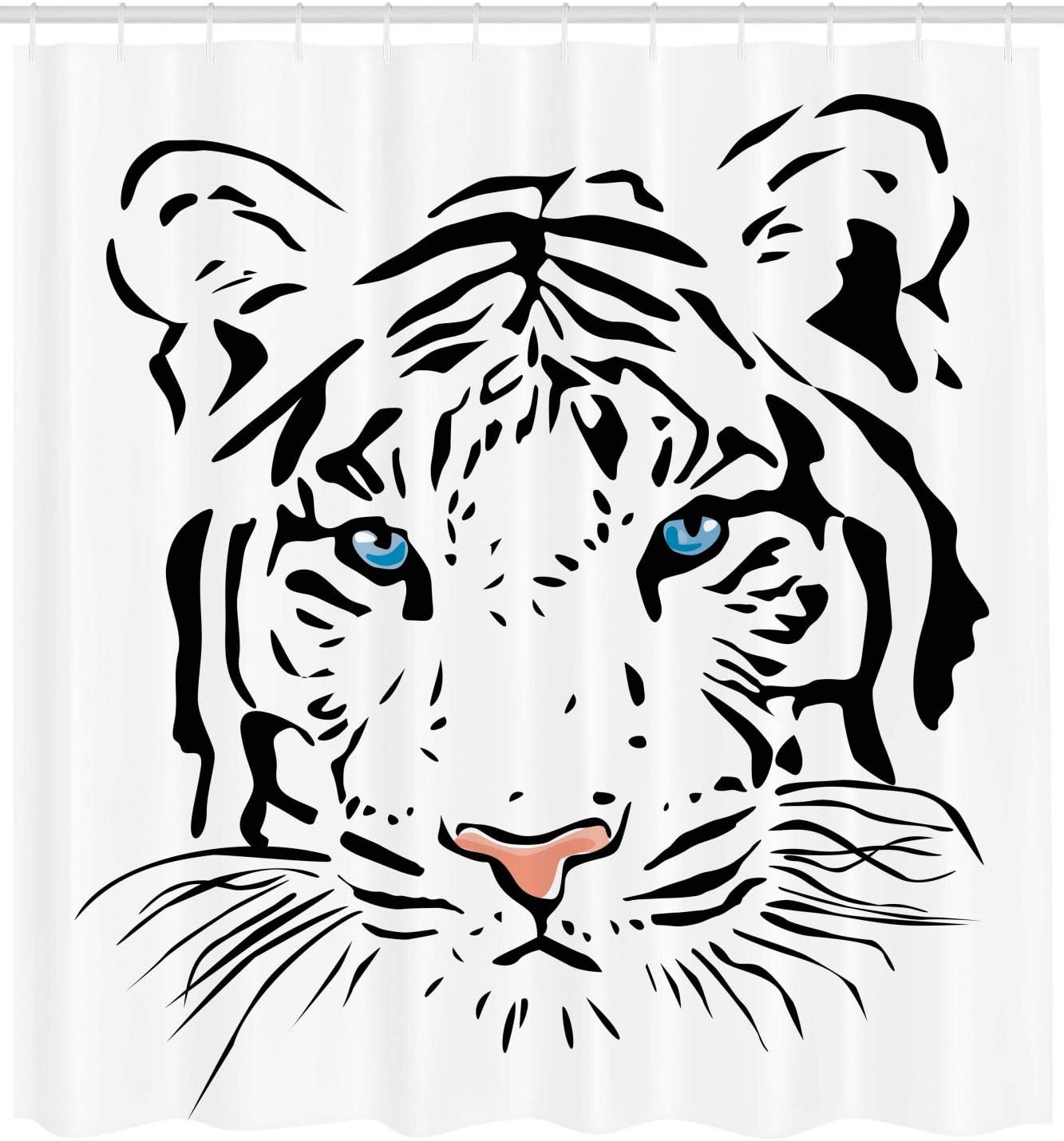 Ambesonne Tattoo Shower Curtain, Head of Magnificent Rare White Albino Tiger with Ocean Blue Eyes Image, Cloth Fabric Bathroom Decor Set with Hooks, 69" W x 75" L, White Black and Blue
