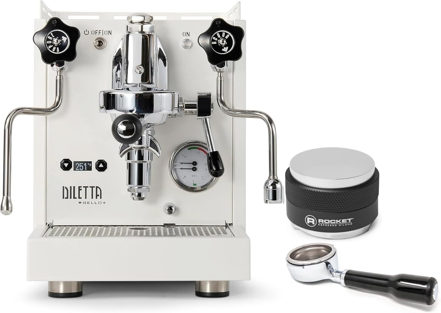 Diletta Bello+ Espresso Machine (White) Bundle w/Rocket Accessories (58mm Bottomless Portafilter & Distributor)