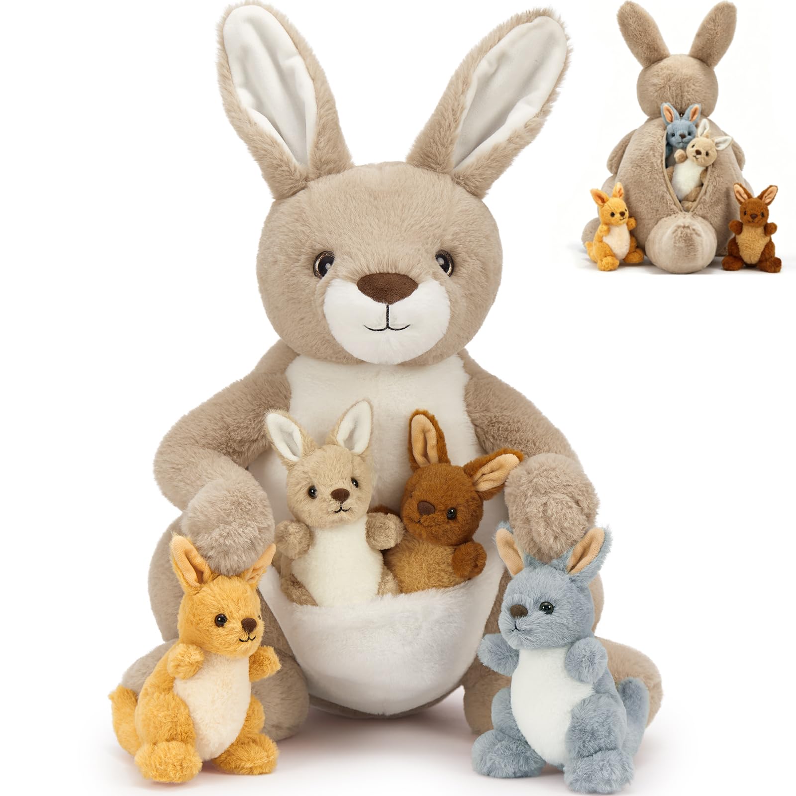 MaoGoLan 5 Pcs Kangaroo Stuffed Animal with Pouch, 20" Mommy Kangaroo Plush with 4 Baby Kangaroos, Stuffed Kangaroo Toys Set for Kids Girls Boys,