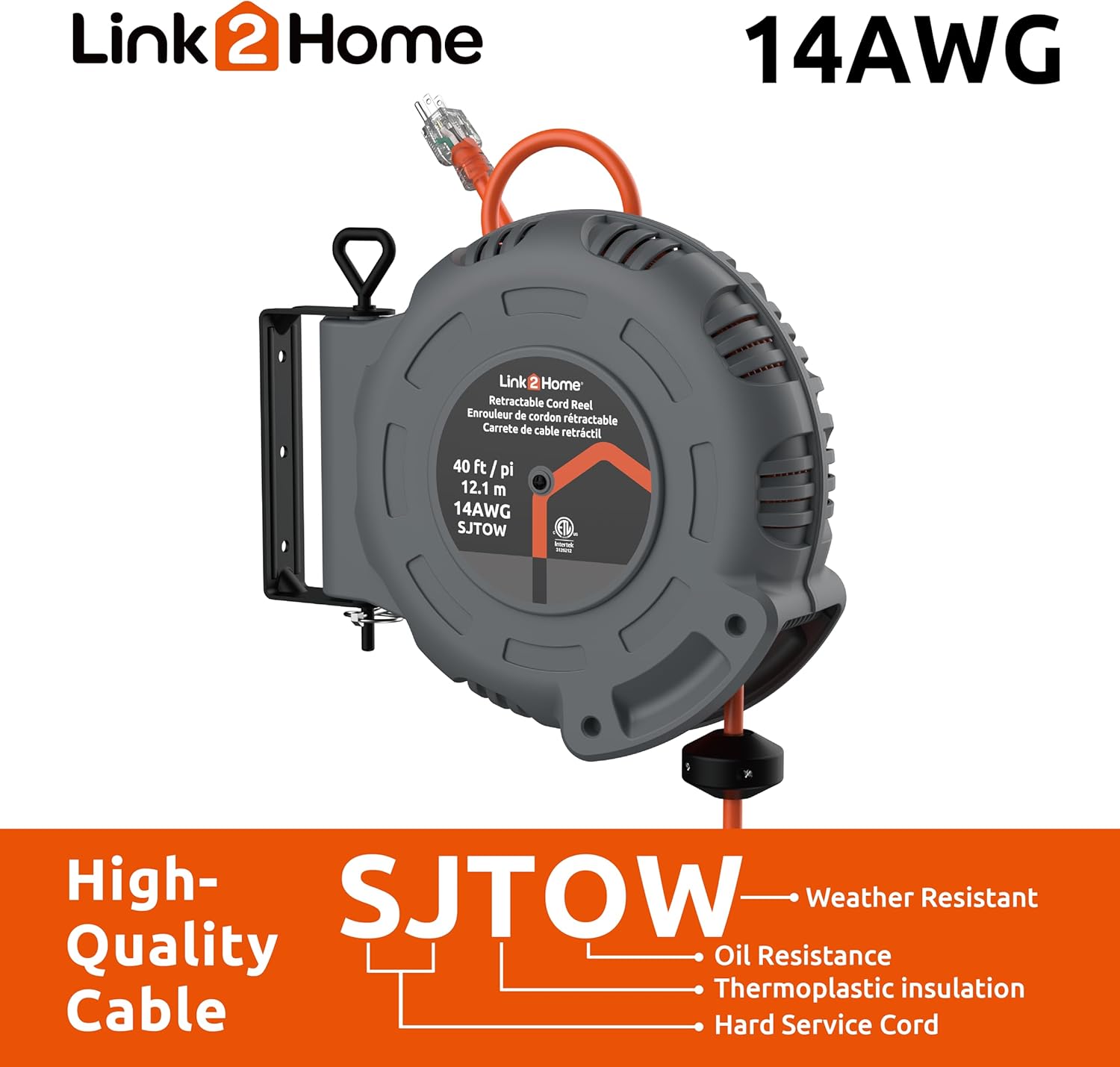 Link2Home 40 ft Retractable Extension Cord Reel – Heavy-Duty 14 AWG SJTW Cable, 3 Grounded Outlets + 2 USB Ports, Built-In Circuit Breaker, Auto-Rewind Handle, Outdoor & Job Site Power