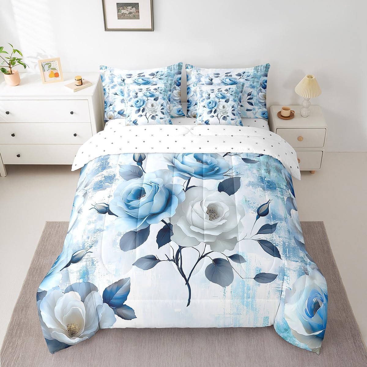 Erosebridal 7-Piece Girls Flower Bedding Queen Size Rose Floral Comforter Set for Women, Blue Gradient Bedding Comforter Sets Vintage Ombre Bed in a Bag, Oil Painting Aesthetic Bedding Room Decorative
