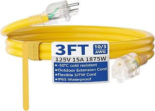 3FT Outdoor/Indoor 10/3 Extension Cord with Lighted, Yellow | 3 Prong, Heavy Duty, SJTW, Grounded Waterproof Cold Weather extension cord for Home, Work or Construction, 15A 125V 1875W