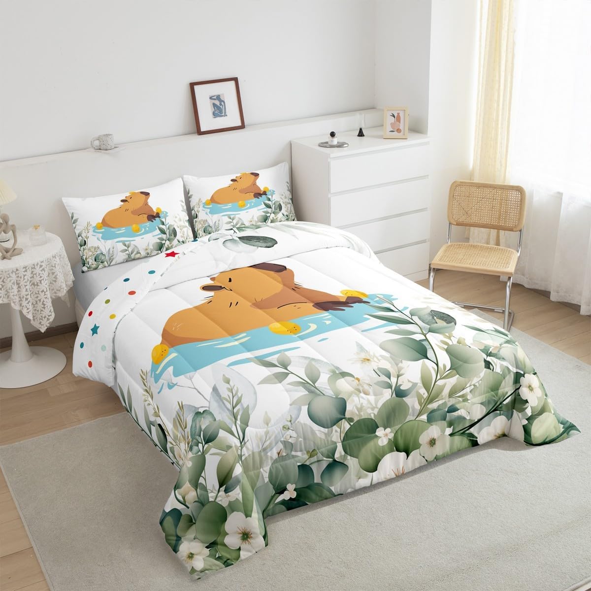 Erosebridal Kawaii Capybara Queen Bedding Sets for Boys Girls Cartoon Animal Comforter Set, Eucalyptus Leaves Down Comforter Cute Wildlife Bedding Comforter Sets, Tropical Plants Duvet Insert