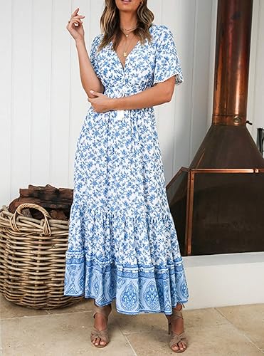 Miniatura 5 de R.Vivimos - Vestido por debajo de la rodilla para mujer, vestido de algodón, diseño de manga corta, cuello en V, estampado floral