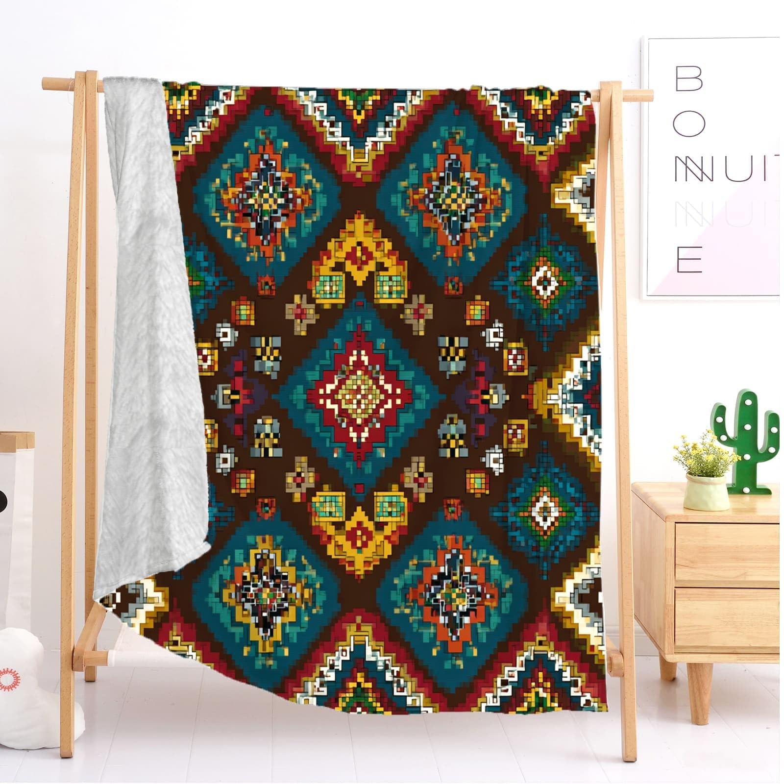 Coperta di lana leggera Antistatica XXL 180x200cm Motivo Geometrico Retrò Coperta in flanella Super Morbida Multicolore per letto Divano Ufficio Ginocchiera letto Auto Campeggio Spiaggia