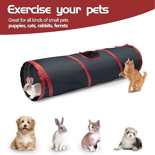 Vista 5 de Sheldamy Túnel para gatos, túnel de juego plegable de 2 vías, laberinto de juguete interactivo para animales pequeños, rojo y negro 2 vías rojo